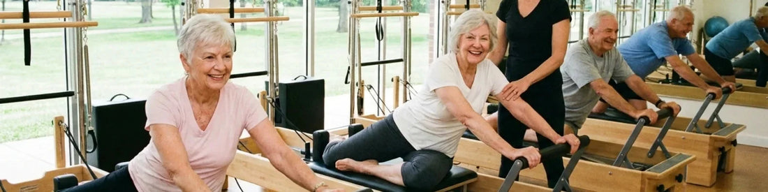 Seniors souriants pratiquant le Pilates sur reformer en chêne en groupe