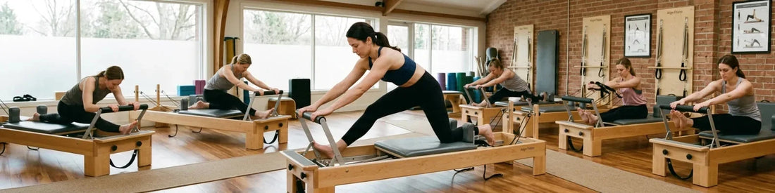 Groupe de femmes pratiquant le Pilates Reformer sur machines en bois de chêne