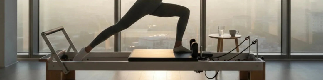 Femme pratiquant le pilates à jeun sur reformer en chêne haut de gamme