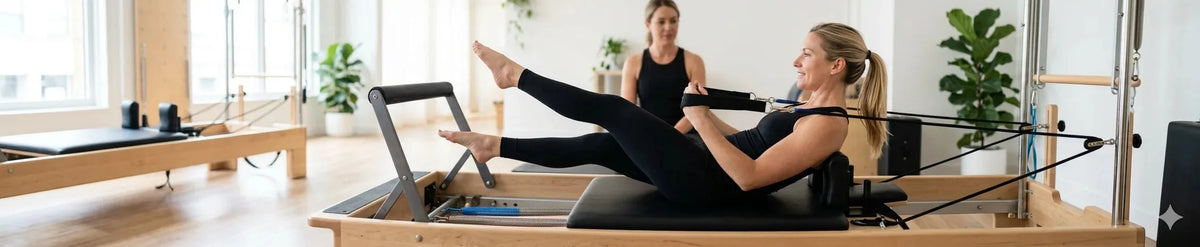 femme pratiquant exercice abdominaux sur reformer pilates en chêne studio