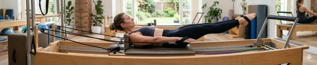 Femme pratiquant le Pilates sur un reformer en bois de chêne haut de gamme