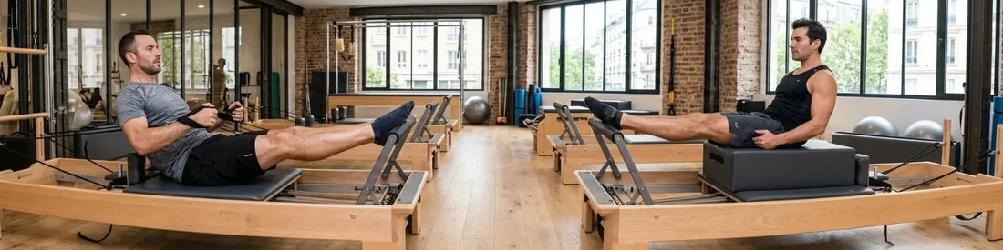 Deux hommes pratiquant le Pilates Reformer en chêne massif en studio
