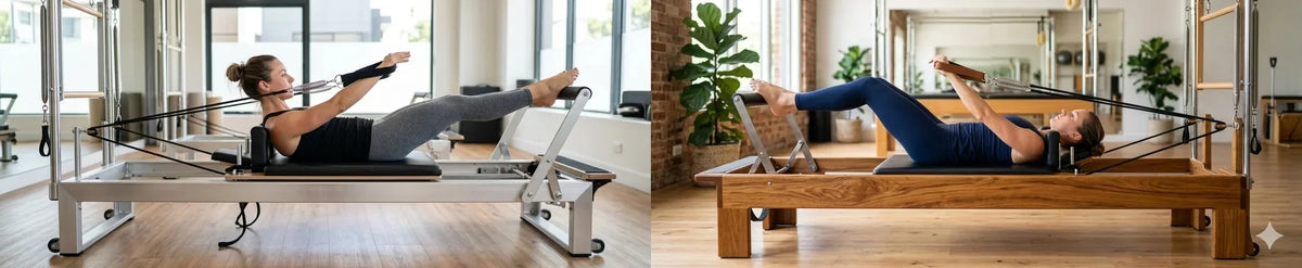 Comparaison reformer Pilates aluminium moderne et reformer bois chêne massif premium