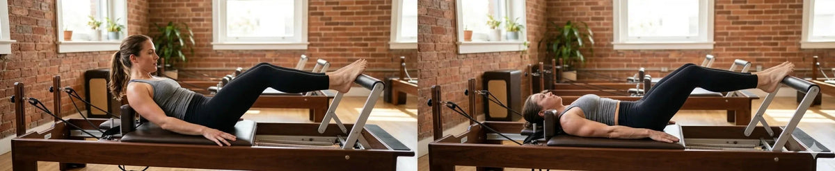 Femme pratiquant le teaser sur reformer pilates en bois de chêne