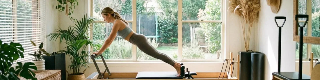 Femme pratiquant le Pilates sur un reformer en bois de chêne chez elle