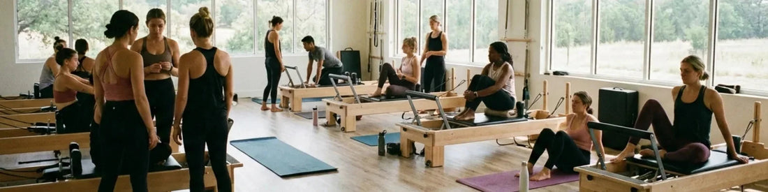 Cours collectif Pilates Reformer en bois de chêne dans studio lumineux