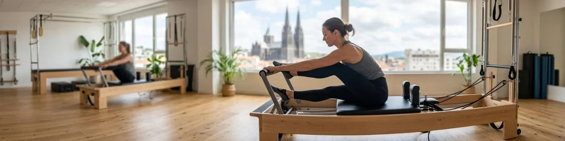 Femme pratiquant le Pilates sur reformer en bois de chêne en studio