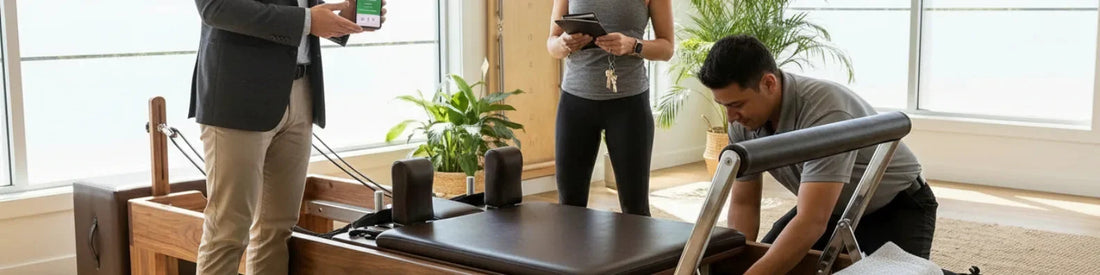 Technicien entretien reformer Pilates chêne avec instructrice et tablette numérique