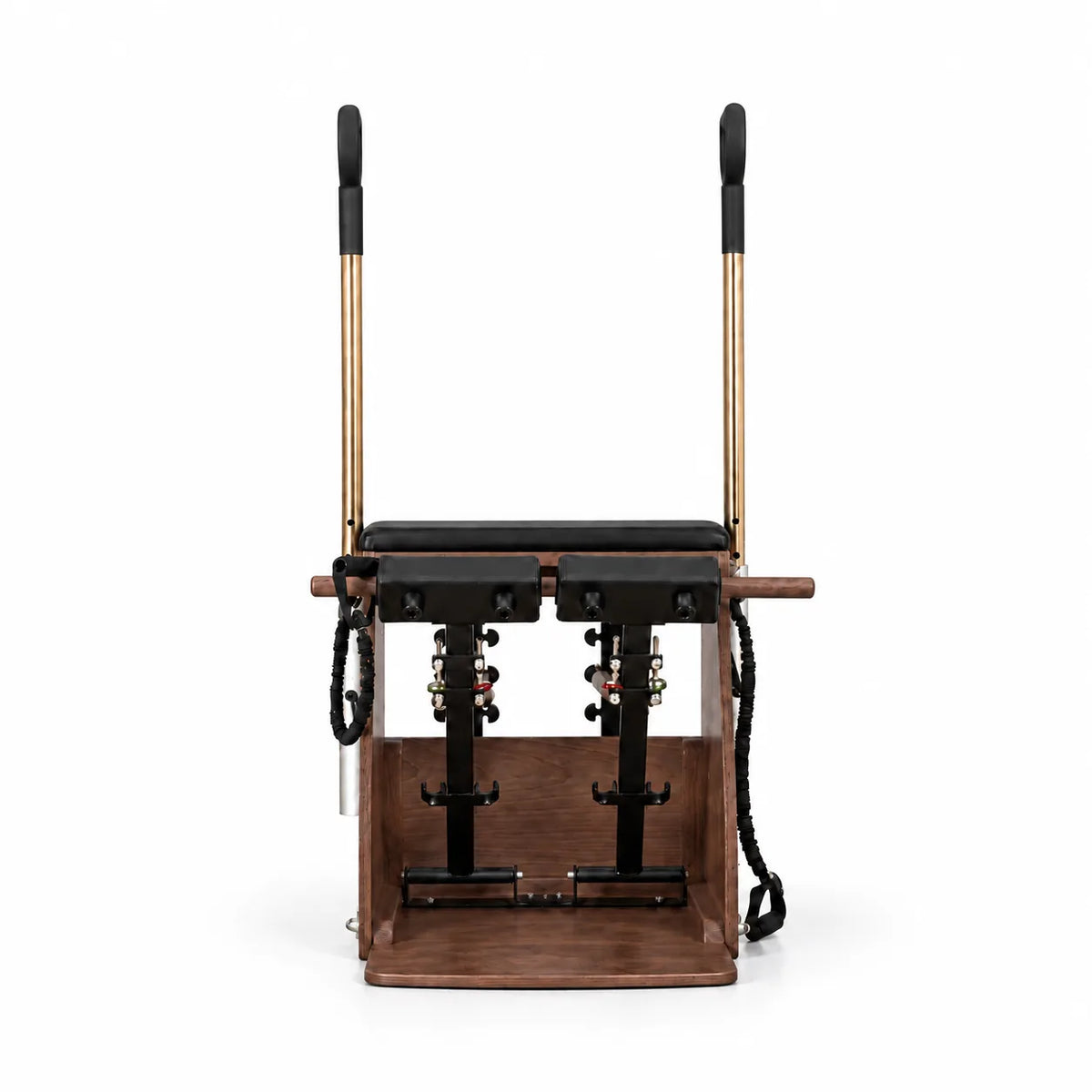 Chaise de Pilates Signature vue de face - bois sombre haut de gamme avec pédalier renforcé