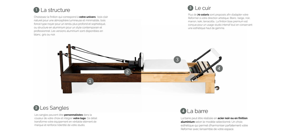Reformer Pilates haut de gamme en bois de chêne personnalisable structure cuir sangles