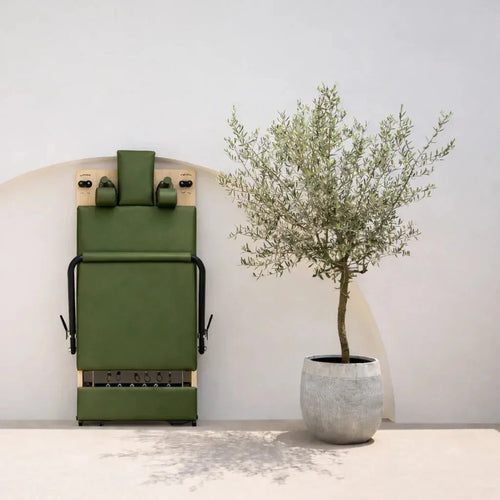 Machine reformer Pilates pliable rangée verticale coloris vert olive avec arbre d'intérieur - Pilates At Home